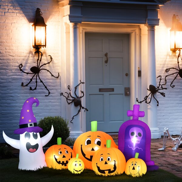 Outsunny Calabaza Gonfiabile di Halloween con Fantasma Lapide con Luci LED IP44 e Gonfiatore per Feste 240x130x130 cm Multicolore | Aosom Italy