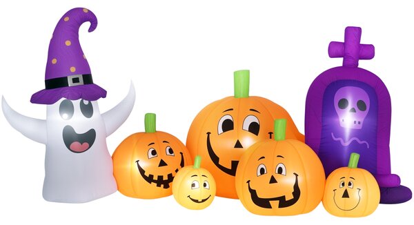 Outsunny Calabaza Gonfiabile di Halloween con Fantasma Lapide con Luci LED IP44 e Gonfiatore per Feste 240x130x130 cm Multicolore | Aosom Italy