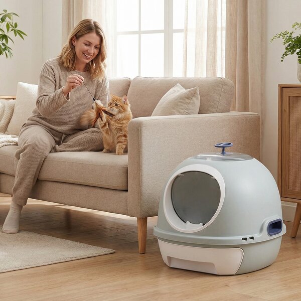 Costway Lettiera per gatti con coperchio stile elicottero ingresso frontale uscita ribalta, Toilette per gattini cassetto portatile piccoli medi fino a 10 kg Blu