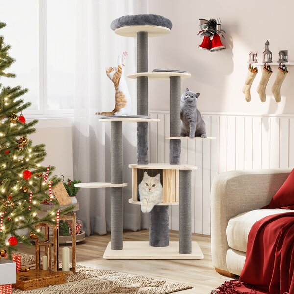 Costway Albero per gatti alto 172 cm posatoio imbottito rifugio privato, Mobile arrampicata per gattini tappetini staccabili pali graffi base stabile
