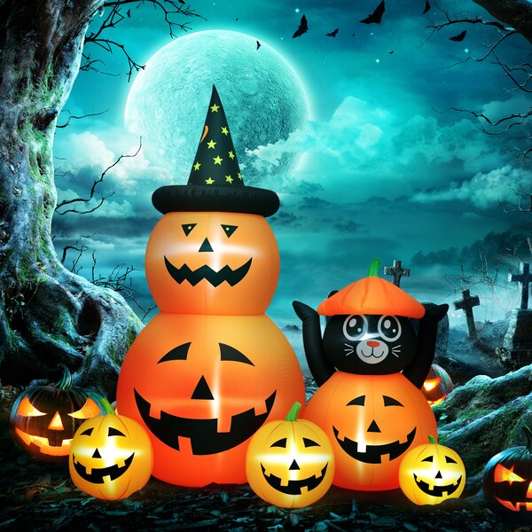 Outsunny Calabaza Gonfiabile di Halloween con Gatto da 6 Piedi con Luci LED IP44 e Gonfiatore per Feste 160x100x180 cm Arancione | Aosom Italy