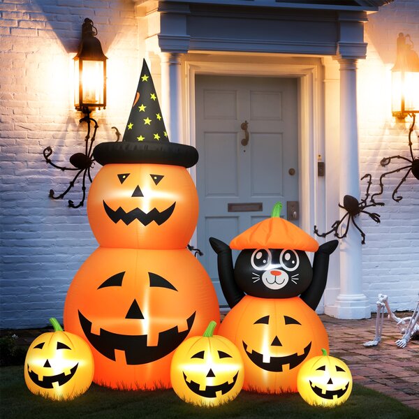 Outsunny Calabaza Gonfiabile di Halloween con Gatto da 6 Piedi con Luci LED IP44 e Gonfiatore per Feste 160x100x180 cm Arancione | Aosom Italy