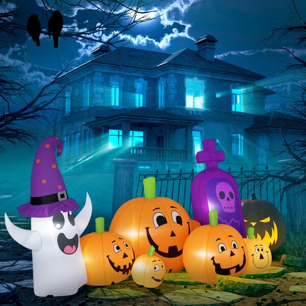 Outsunny Calabaza Gonfiabile di Halloween con Fantasma Lapide con Luci LED IP44 e Gonfiatore per Feste 240x130x130 cm Multicolore | Aosom Italy