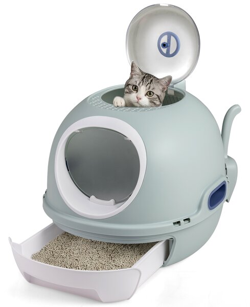 Costway Lettiera per gatti con coperchio stile elicottero ingresso frontale uscita ribalta, Toilette per gattini cassetto portatile piccoli medi fino a 10 kg Blu