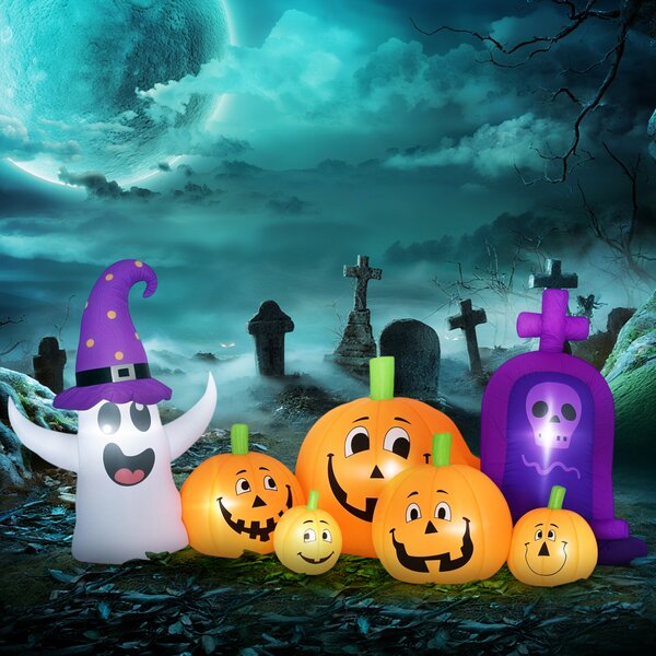 Outsunny Calabaza Gonfiabile di Halloween con Fantasma Lapide con Luci LED IP44 e Gonfiatore per Feste 240x130x130 cm Multicolore | Aosom Italy