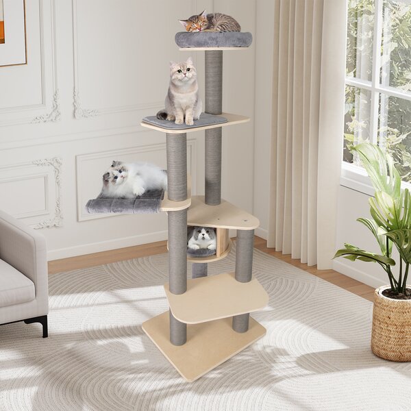 Costway Tiragraffi alto 197 cm torre gatti più livelli trespolo imbottito superiore, Condominio privato materassini staccabili pali graffiare amaca confortevole
