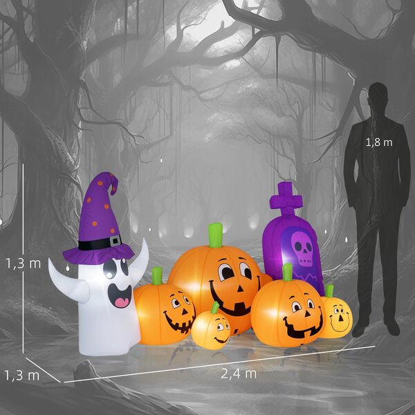 Outsunny Calabaza Gonfiabile di Halloween con Fantasma Lapide con Luci LED IP44 e Gonfiatore per Feste 240x130x130 cm Multicolore | Aosom Italy