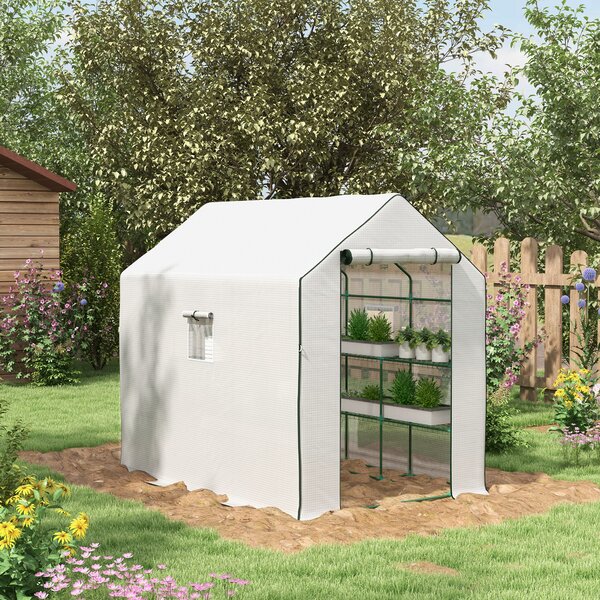 Outsunny Serra da Esterno con 12 Ripiani Porta Avvolgibile Copertura in PE e Telaio in Acciaio 140x213x190 cm Bianco | Aosom Italy
