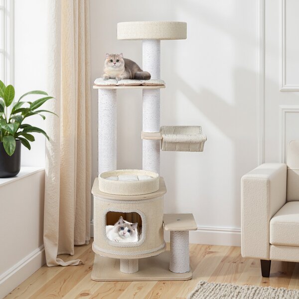 Costway Tiragraffi moderno 151 cm torre gatti più livelli poggiapiedi imbottito, Condo 2 piani tappetini morbidi rimovibili posti graffianti amaca accogliente