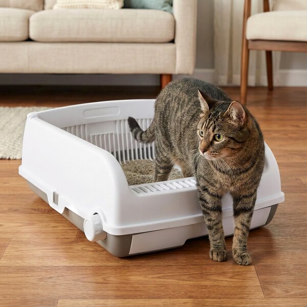 Costway Lettiera per gatti semi-automatica tetto aperto antischizzo vassoio cassetto, Toilette per gatti paletta scorrevole pedale filtra sabbia fino a 10 kg