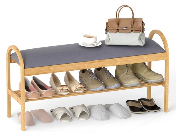 Costway Panca per scarpe in bambù con coperchio ribalta scomparto nascosto, Panca da ingresso con seduta maniglie soggiorno Grigio