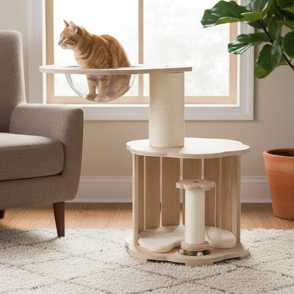 Costway Albero per gatti in legno 74 cm con condo capsula spaziale tiragraffi pista palline, Torre a 3 livelli per gattini con pallina tappetino lavabile