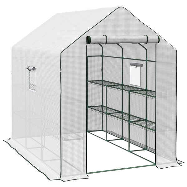 Outsunny Serra da Esterno con 12 Ripiani Porta Avvolgibile Copertura in PE e Telaio in Acciaio 140x213x190 cm Bianco | Aosom Italy