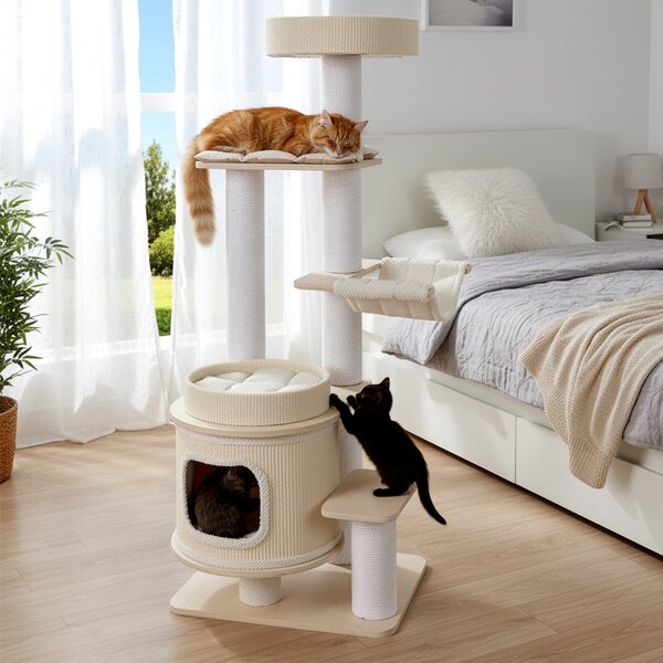 Costway Tiragraffi moderno 151 cm torre gatti più livelli poggiapiedi imbottito, Condo 2 piani tappetini morbidi rimovibili posti graffianti amaca accogliente