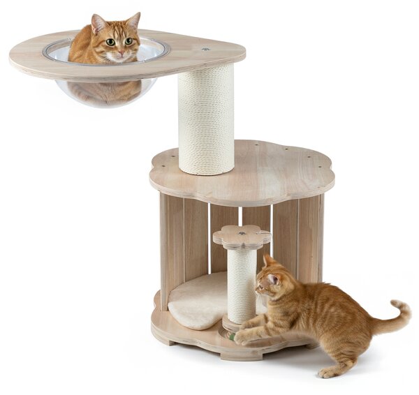 Costway Albero per gatti in legno 74 cm con condo capsula spaziale tiragraffi pista palline, Torre a 3 livelli per gattini con pallina tappetino lavabile
