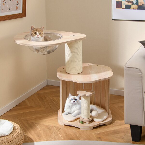 Costway Albero per gatti in legno 74 cm con condo capsula spaziale tiragraffi pista palline, Torre a 3 livelli per gattini con pallina tappetino lavabile
