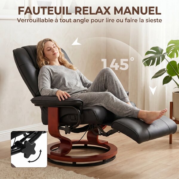 HOMCOM Poltrona Relax Reclinabile Manualmente fino 145° con Poggiapiedi e Rivestimento in Finta Pelle, Nero | Aosom Italy