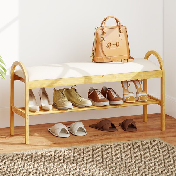 Costway Panca per scarpe in bambù con coperchio ribalta scomparto nascosto, Panca da ingresso con seduta maniglie soggiorno Beige