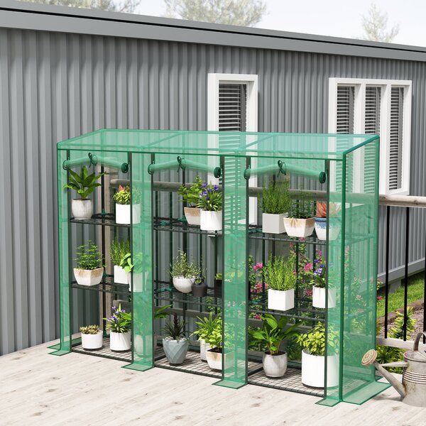 Outsunny Serra da Esterno a 3 Livelli con Porta Avvolgibile con Cerniera 9 Ripiani Copertura in PE 215x46x151cm Verde | Aosom Italy