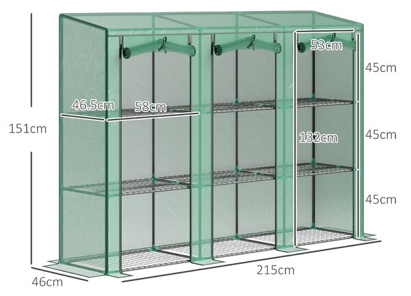 Outsunny Serra da Esterno a 3 Livelli con Porta Avvolgibile con Cerniera 9 Ripiani Copertura in PE 215x46x151cm Verde | Aosom Italy