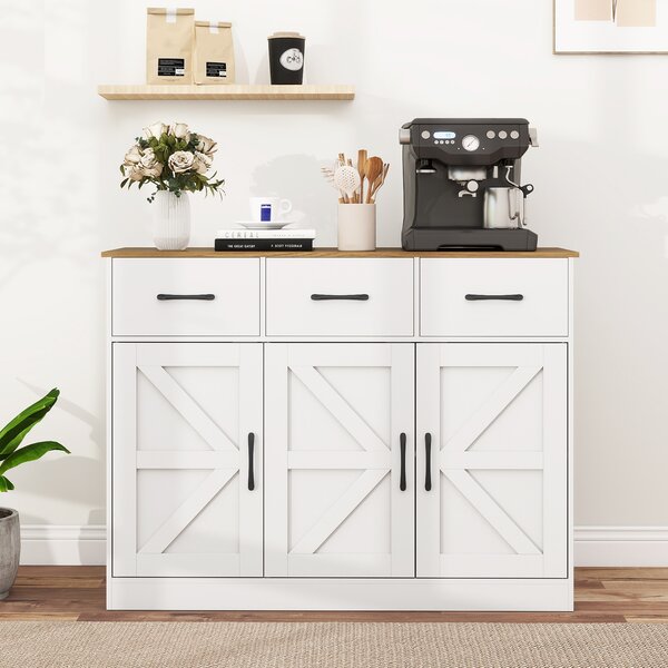 Costway Grande credenza da 108 cm con ripiani regolabili e ante, Mobile cucina in legno per sala da pranzo e soggiorno Bianco