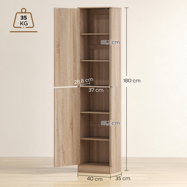 HOMCOM Mobile Colonna Bagno a 2 Armadietti con 6 Ripiani Regolabili, in Legno, 40x35x180 cm, Color Legno | Aosom Italy