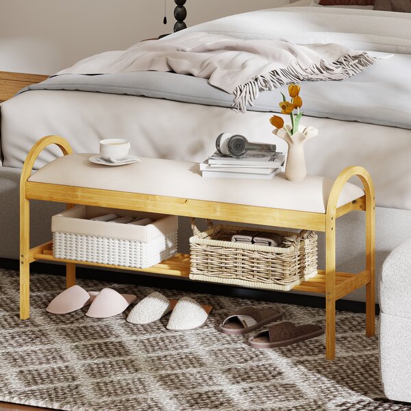 Costway Panca per scarpe in bambù con coperchio ribalta scomparto nascosto, Panca da ingresso con seduta maniglie soggiorno Beige