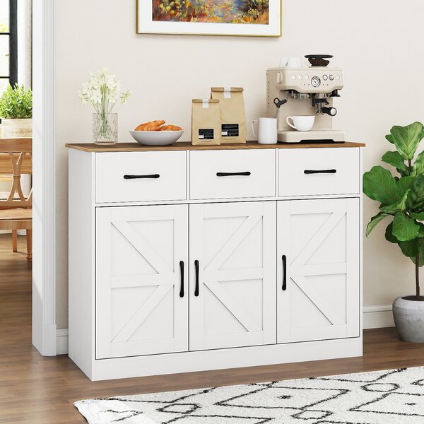 Costway Grande credenza da 108 cm con ripiani regolabili e ante, Mobile cucina in legno per sala da pranzo e soggiorno Bianco