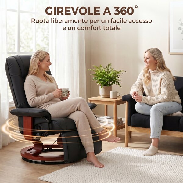 HOMCOM Poltrona Relax Reclinabile Manualmente fino 145° con Poggiapiedi e Rivestimento in Finta Pelle, Nero | Aosom Italy