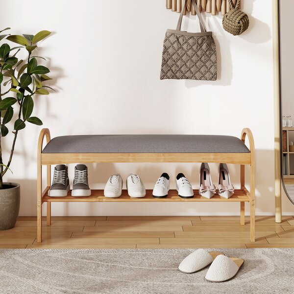 Costway Panca porta scarpe con cuscino scaffale in bambù ripiano 100,5x31x51 cm per ingresso corridoio, Panca imbottita per soggiorno camera da letto