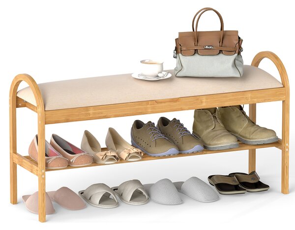 Costway Panca per scarpe in bambù con coperchio ribalta scomparto nascosto, Panca da ingresso con seduta maniglie soggiorno Beige