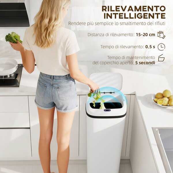 HOMCOM Pattumiera con Sensore a Infrarossi da 50L con 2 Modalità di Apertura, Superficie Anti-impronte, Bianco | Aosom Italy