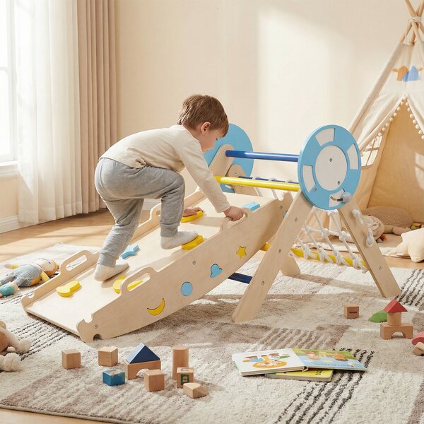 Costway Set da arrampicata a triangolo palestra pieghevole nautica arco rampa scala corda, Gioco montessori blocchi labirinto per bambini cameretta asilo