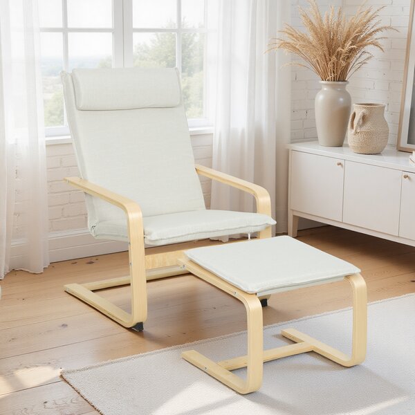 HOMCOM Poltrona con Poggiapiedi Poltrona da Lettura con Schienale Alto Poggiatesta Rimovibile Gambe in Legno e Rivestimento in Lino Crema | Aosom Italy