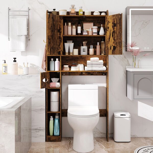 Costway Mensola sopra il wc con armadietto a 2 ante 6 scomparti aperti, Mobiletto da appoggio porta fazzoletti gancio ripiano regolabile Marrone