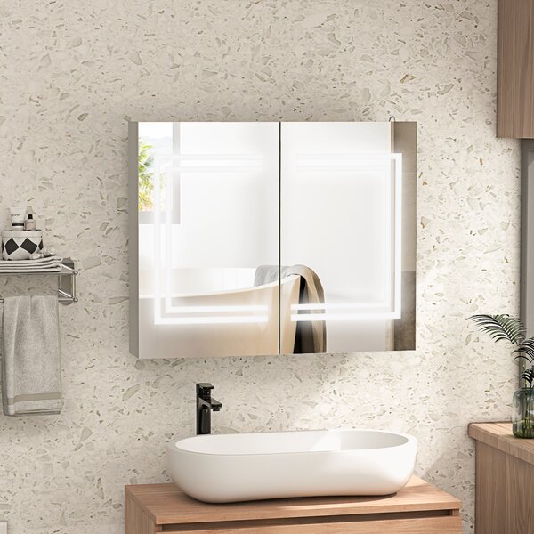Kleankin Specchio Bagno Contenitore con Luce LED, 80 x 65cm Mobile Bagno con Specchio, Anta Soft Close, Dimmerabile a 3 Colori, Ripiani Regolabili, Bianco Lucido | Aosom Italy