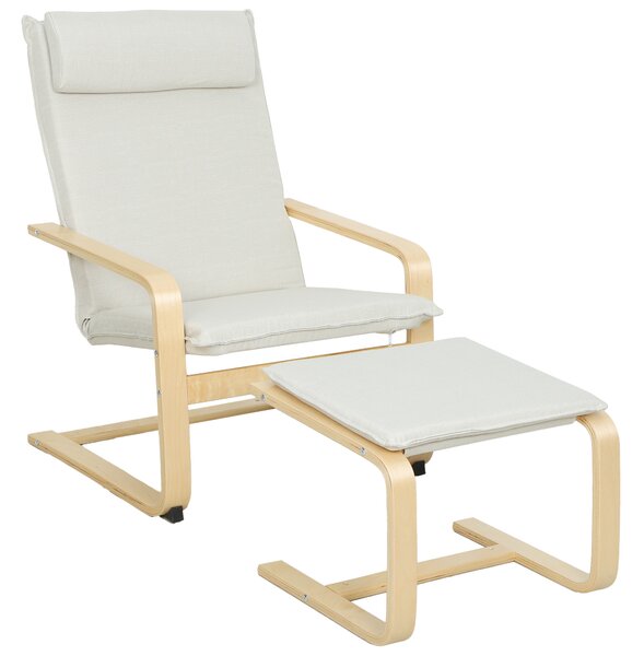 HOMCOM Poltrona con Poggiapiedi Poltrona da Lettura con Schienale Alto Poggiatesta Rimovibile Gambe in Legno e Rivestimento in Lino Crema | Aosom Italy