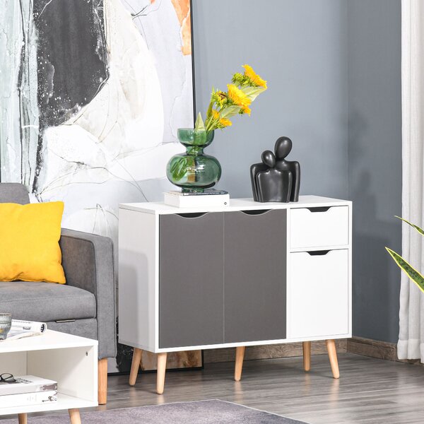 HOMCOM Credenza per Soggiorno con 3 Ante e Cassetto Mobile Contenitore per Soggiorno Cucina Camera 90x30x72 cm Bianco e Grigio | Aosom Italy
