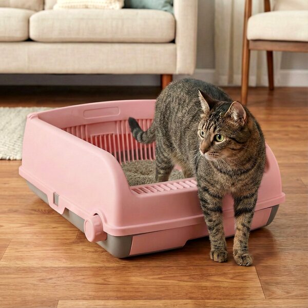 Costway Lettiera per gatti semi-automatica a tetto aperto antischizzo, Toilette con vassoio estraibile paletta pedale filtra sabbia Rosa