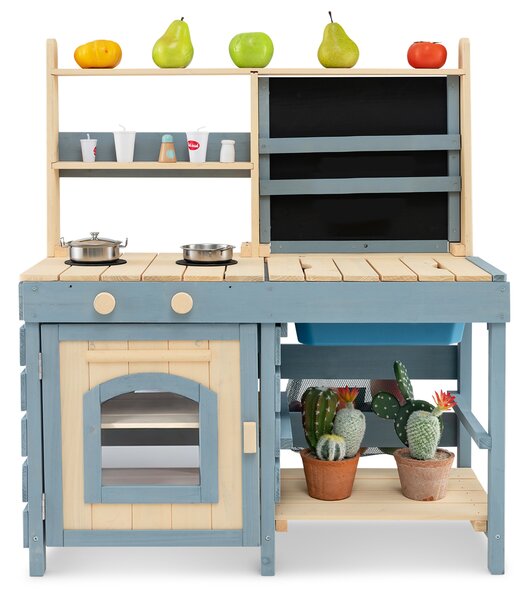 Costway Cucina da gioco 2 in 1 per esterni con rubinetto lavandino rimovibile cesti metallici borsa riporre, Negozio alimentari lavagna set gioco fango per bambini 3-8 anni