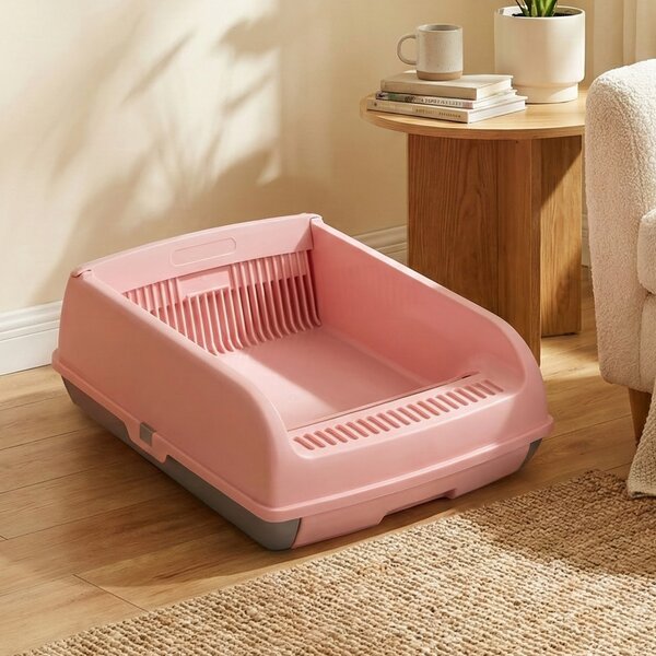 Costway Lettiera per gatti semi-automatica a tetto aperto antischizzo, Toilette con vassoio estraibile paletta pedale filtra sabbia Rosa