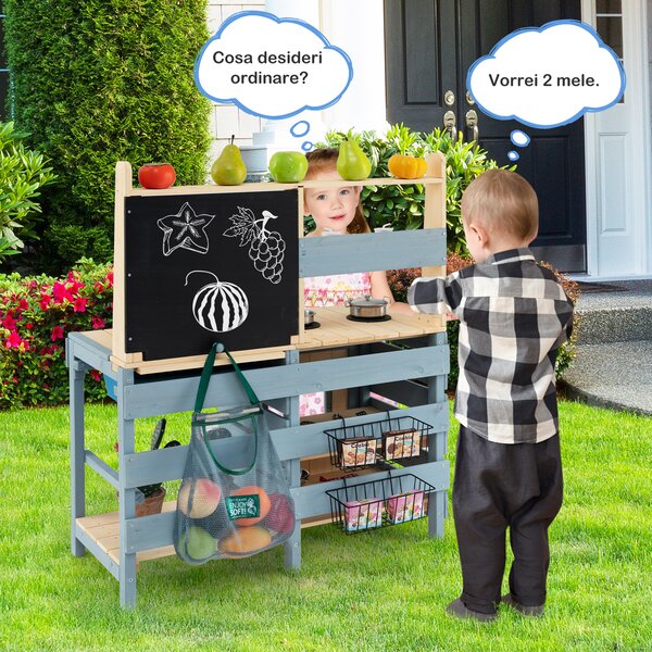 Costway Cucina da gioco 2 in 1 per esterni con rubinetto lavandino rimovibile cesti metallici borsa riporre, Negozio alimentari lavagna set gioco fango per bambini 3-8 anni