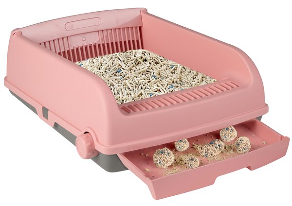 Costway Lettiera per gatti semi-automatica a tetto aperto antischizzo, Toilette con vassoio estraibile paletta pedale filtra sabbia Rosa