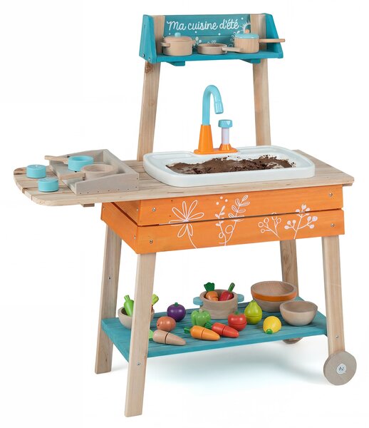 Costway Set cucina da gioco per bambini esterno legno lavandino rimovibile griglia, Cucina giocattolo manopole girevoli rubinetto circolazione 3+ anni