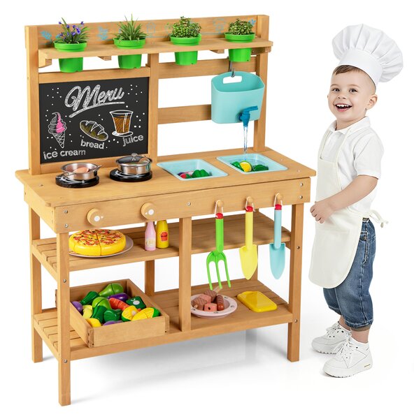 Costway Cucina in legno per bambini con rubinetto lavandini rimovibili lavagna fornelli, Cucina da gioco all'aperto manopole vasi fiori accessori 3+ anni
