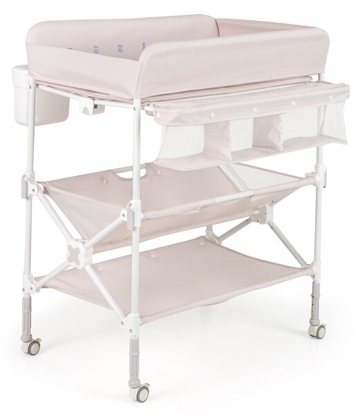 Costway Fasciatoio pieghevole neonati ruote impermeabile altezza regolabile, Fasciatoio cambio pannolini ripiano portaoggetti mensole cestino rifiuti Beige