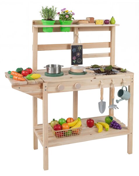 Costway Set da cucina giocattolo per bambini legno fornelli lavello manopole rotanti, Cucina gioco da chef lavagna vasi fiori scaffali 3+ anni