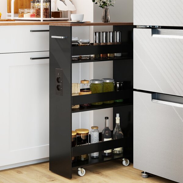 Costway Carrello da cucina 4 ripiani con stazione di ricarica maniglia e parapetti, Carrello stretto a sfilo con ruote bloccabili per cucina lavanderia Nero e noce 20cm