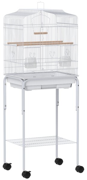 PawHut Gabbia per Uccelli con Ruote Ripiano Sportelli 2 Mangiatoie 2 Posatoi Altalena Vassoio Estraibile 46,5x36x124 cm Bianco | Aosom Italy