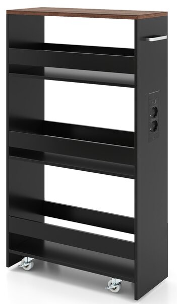 Costway Carrello da cucina 4 ripiani con stazione di ricarica maniglia e parapetti, Carrello stretto a sfilo con ruote bloccabili per cucina lavanderia Nero e noce 20cm